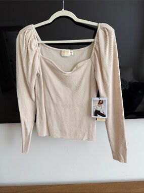 Nation LTD Beige Ribbed Square Neck Long Sleeve Top